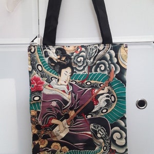 sac épaule femme tote bag fourre tout  sac course geisha  japonaise, crâne, coton , non doublé tirette , 33 cm /27cm , anses 65cm