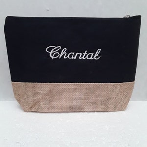 May include: Black and beige zippered pouch with the name "Chantal" embroidered in white on the front.