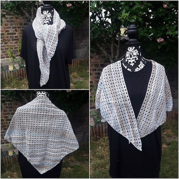 foulard , chèche , tour de cou , châle , brun, beige , gris , 51 % laine vierge , 49 acrylique , crochet