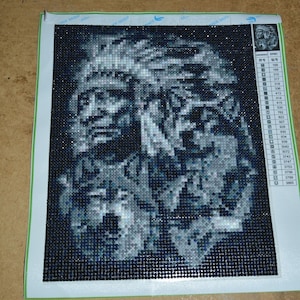 painting, canvas, pearls, diamond, Indian and wolves, 25 H / 20 L CM, finished canvas