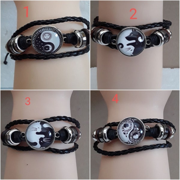 bracelet, cuir , noir, breloques, ajustable , pour tous poignets, mixte, chien , chat, soleil, lune, dragon , fleurs, ying yang, noir, blanc