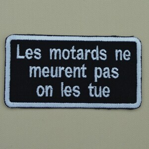 patch, badge; bikers don't die, 8.5 / 4.5 cm, embroidery, iron-on, black and white