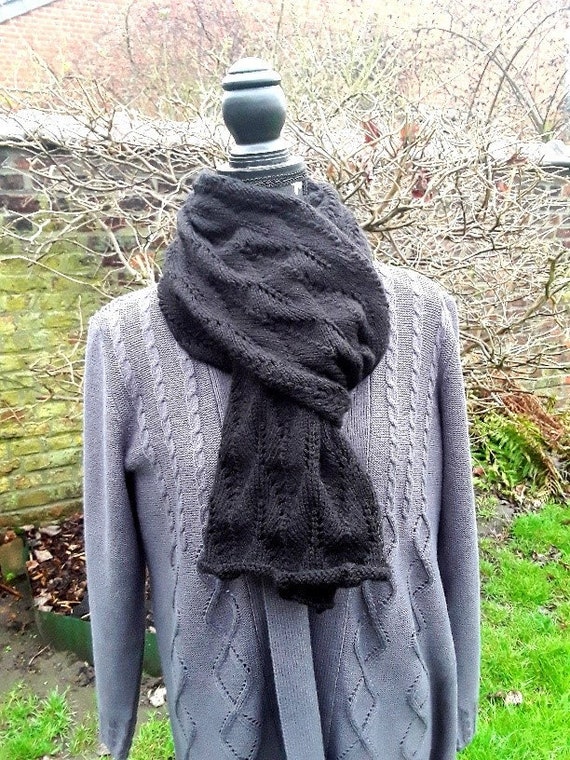 écharpe , tour de cou , mixte , acrylique , ocre brun 20 % laine   , noir gris blanc  20 pourcent   laine , tricot , laine