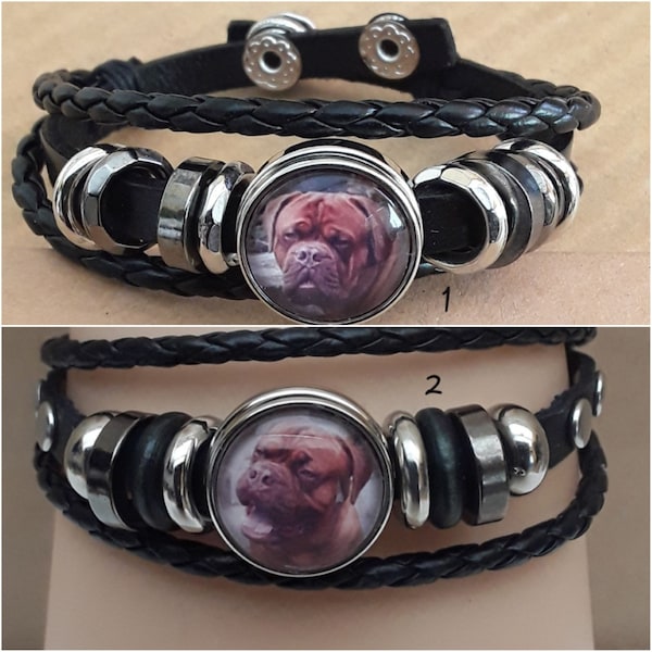 bracelet , cuir noir ,  tresses , breloques , chien , dogue de bordeaux , bouton pression , verre , ajustable , réglable ,  20 cm , 22 cm