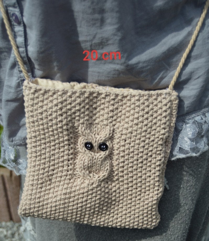 sac bandoulière coton beige hibou , tricot , 20cm , hibou , boutons , yeux , doubl&eacu