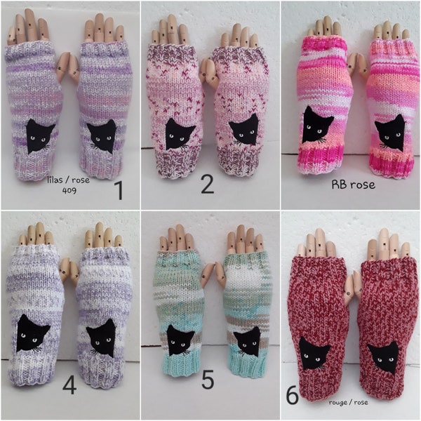 mitaines chats noirs , mitaines tricot 21 cm , chats brodés 5 cm, gants sans doigts