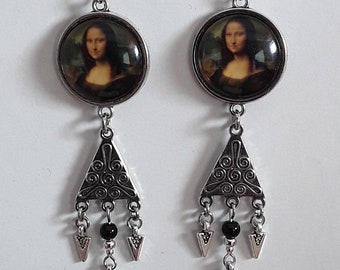Boucles d'oreilles Mona Lisa cabochon verre 20mm crochets pendantes breloques et perle noire