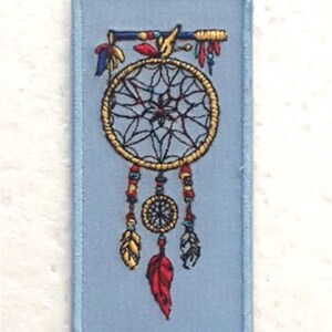 toppa termoadesiva cattura sogni, cotone, blu, cielo, piume, colorato, 11/5,5 cm, ricama, termoadesiva