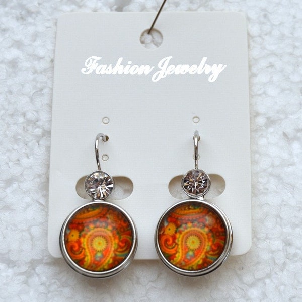 boucles d'oreilles pendantes , faux strasses , mandala orange multicolore , boutons pressions verres