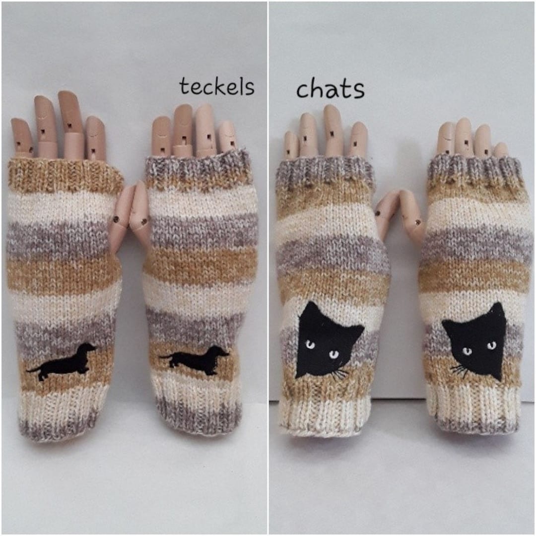 Mittens Gloves Without Fingers Dogs Black Dachshunds, Black Cats, 21cm, Knitting Hands