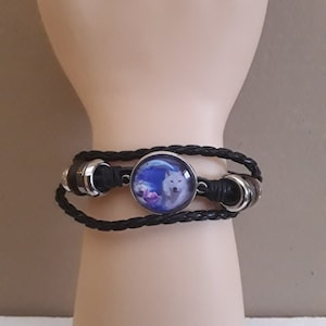 Schwarzes Lederarmband, Charms, verstellbar, Kordel, Spann, Wölfe, Jungtiere, weiß, Nacht, 20 mm, Brille