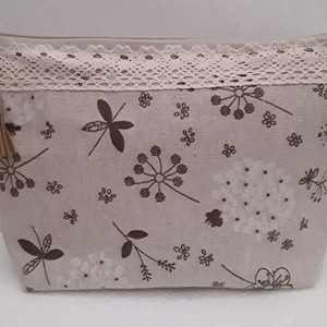 Kit, Beutel, Beige, Baumwolle, Leinen, Spitze, Blätter, Blumen, Charme, Pompon, Wildleder, braun, gefüttert, Reißverschluss, 25/15/5cm