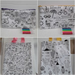 tote bag cotton, black and white, bag or pen tray to color, with markers, fairies, carriages, castles, 26/21 cm handles, ribbon