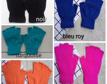 gants demi  doigts noirs, orange , bleu , orane , fuchsia , laine , tricot , 15 cm ,