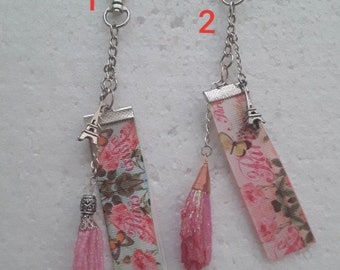 bag jewelry keychain cotton ribbon charm pink flowers, butterflies