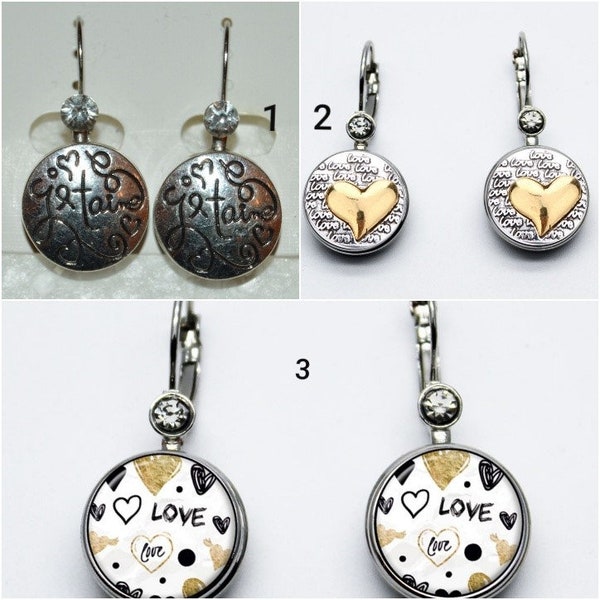 boucles d oreilles, faux strasses, boutons, pressions, verres; love, me, coeurs, lobes