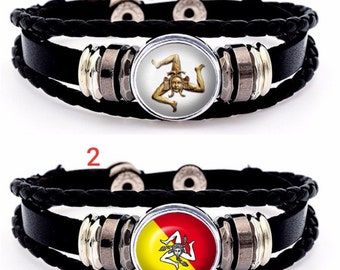 black or brown country leather bracelet, sicily flag, emblem, belgium france snap button, from 18 to 20 cm, adjustable, with 2 snaps