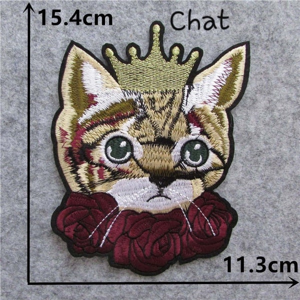 Patch Patch Thermo-Klebeplakette Katzenkopf, Stickerei, 15 cm / 11 cm, goldene Krone