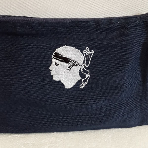 petite trousse ,étui , trousse, pochette ,  bleu navy, 21/16cm , corse, corsica, drapeau , emblème, brodé