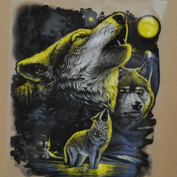 transfert a chaud meute loups, loups dans la nuit ,  pour textile ,  29  cm HAUT SUR 24 cm LARGE