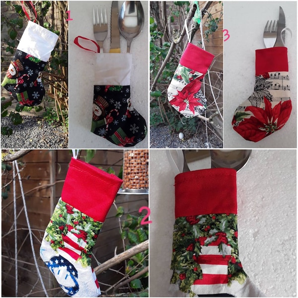 4 chaussettes  Bottes. Porte couverts ou a accrocher au sapin. Tissu. envoyer le no lors de la commande fait mains