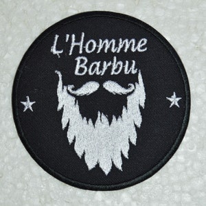 patch badge, bearded man, beard, white, cotton, black, embroidery, iron-on, 9cm