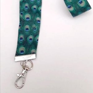 key ring, neck strap, card holder, cotton ribbon, peacock feathers, carabiner, 80cm long