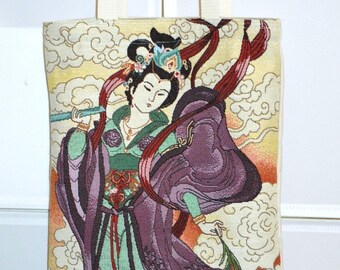 Japanese Lady Umhängetasche, Baumwolle, gefütterte Tasche, 36 cm hoch / 30 cm breit, Henkel 78 cm