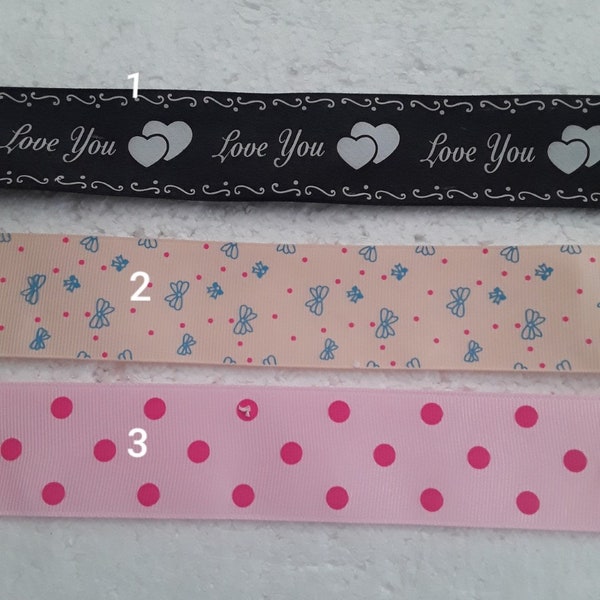 ruban gros grain coton , mercerie , couture , noir , rose , vendu par morceau 90 cm /3.5 cm haut , love you , petits pois , noeud