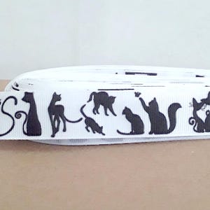 ruban gros grain coton blanc chats noirs , 22 mm , vendu au mètre