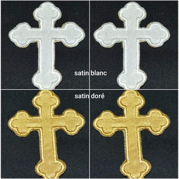 patch thermocollant croix , satin doré , satin blanc, thermocollant , 6 / 4.5 cm   , lot 2 croix