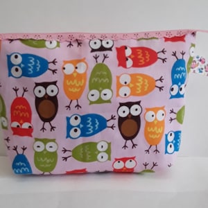 kit, pouch, case, storage, owls, colorful, pale pink, cotton, lichette, lace, pink, 26/18/5 cm