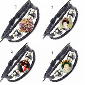 bracelet, black leather, braids, geisha, Japan, Japanese, brown, suede, adjustable, cord