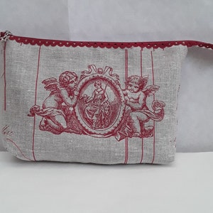 trousse de toilette lin anges angelots ,  pochette, étui , bordeaux, lin beige, tirette dentelle bordeaux , 25/15/4cm