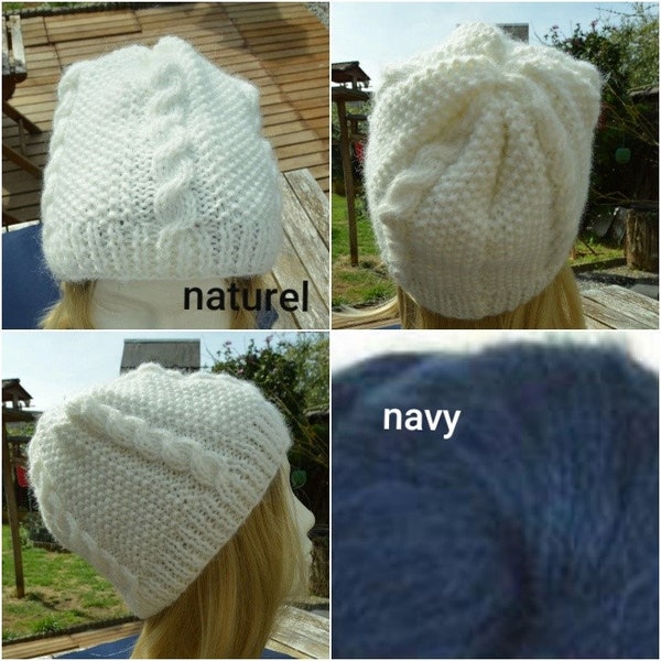 bonnet laine femme  mohair nature ou navy  tricoté a la main