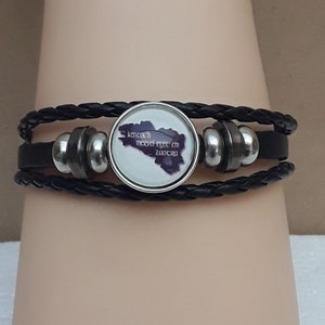 Bracelet  cuir noir breton bretagne , bouton pression ,   verre   , carte , emblème , 20 cm