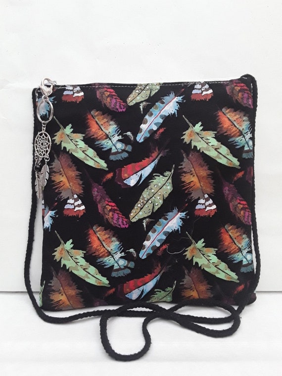 Shoulder Bag Cotton Black Feathers Colored , Quilted Double