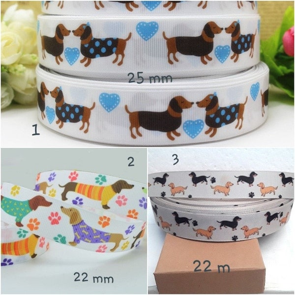 cotton grosgrain ribbon, dogs, dachshunds, 22 mm, 25 mm, sold by the meter