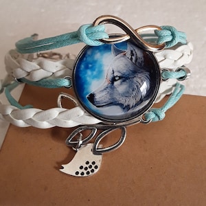 bracelet, white and water green, wolf head 2.5cm, bracelet 15 cm adjustable chain