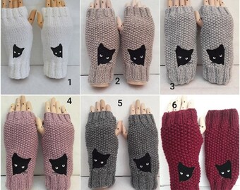 wool mittens black cats, fingerless gloves 20 cm , knitting, embroidered cats 5 /6 cm , wool color of your choice, relay point for france