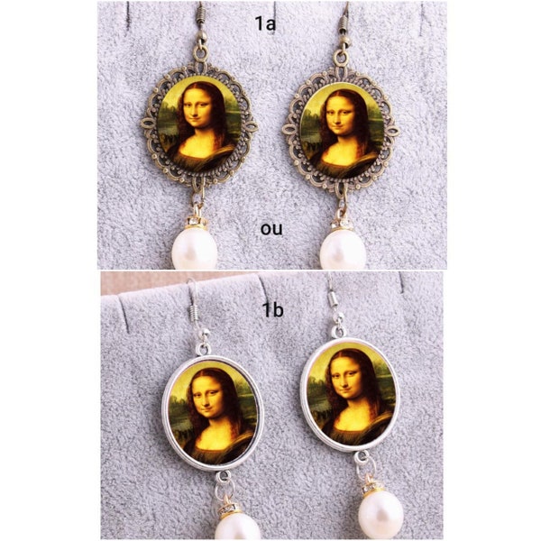 Boucles d'oreilles Mona  Lisa.  la Joconde . Boules pendantes crochets. Bronze. Cabochon verre 20mm intérieure. Perles blanches