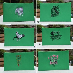 Imitation toiletry bag, green leather, 25/15 cm, lined, zipper. embroidered , sewing machine , lady , horse , Indian