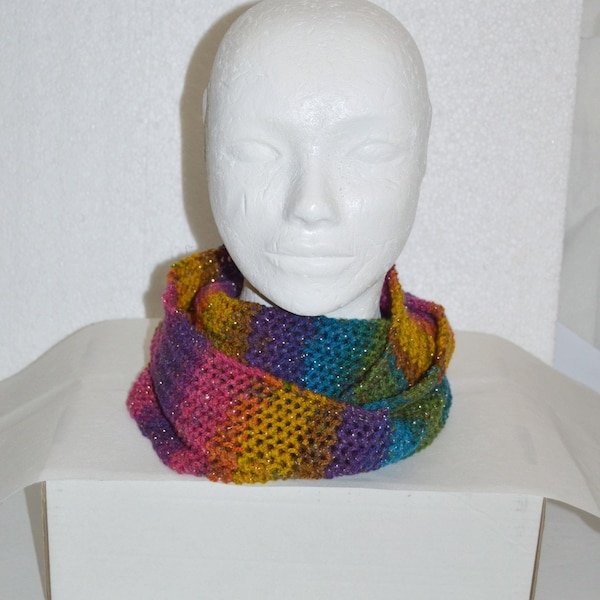 scarf, neck warmer, snood, 2 rounds, hand knit, multi-colored with gold lurex thread, 110 cm / 19 cm