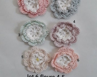 granny flowers, crochet cotton flowers / cotton rosettes, granny, pink salmon green beige blue set of 6 flowers