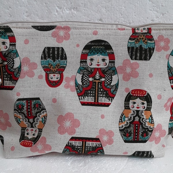 cotton toiletry bag, Russian dolls, matriochka, beige linen, colored dolls, 25/15/5cm, lined, zipper