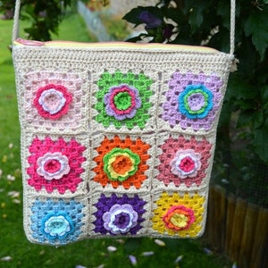 bag granny cotton bag grandmother boho boho , bag hook ecru , flowers , multicolored squares lined pocket, pull, 24/24 cm , quilted