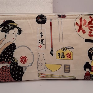estojo, bolsa, gueixa, senhora japonesa, Japão, 26/15cm, forrado, bolso interior grande, fecho