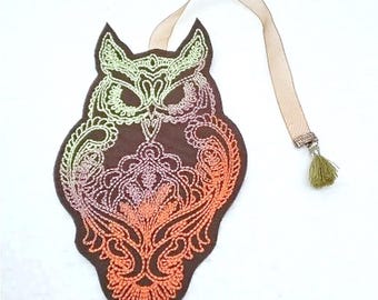 Bokmärke, brun bomull, färgglad uggla, snedband, pompom, 15,5 / 8,5 cm (uggla)