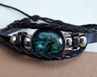 bracelet, peacock feathers, black leather, charms, adjustable, drawstring, link