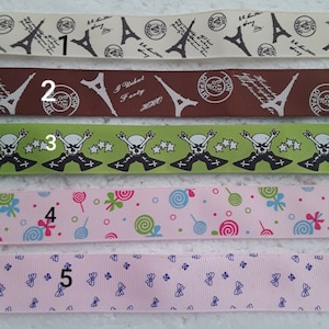 ruban gros grain coton , +- 25 mm , 90 cm , fleurs  , crânes , pois  , ancre , rose , bleu , rouge ,